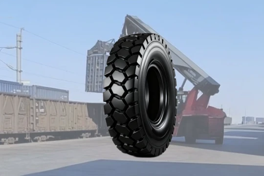  OTR tire with deep tread working on rocky quarry ground