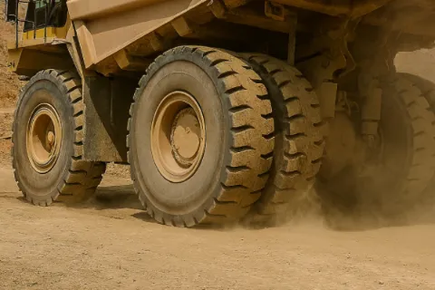 A large mining dump truck with giant OTR tires operating on a dusty haul road in an open-pit mine